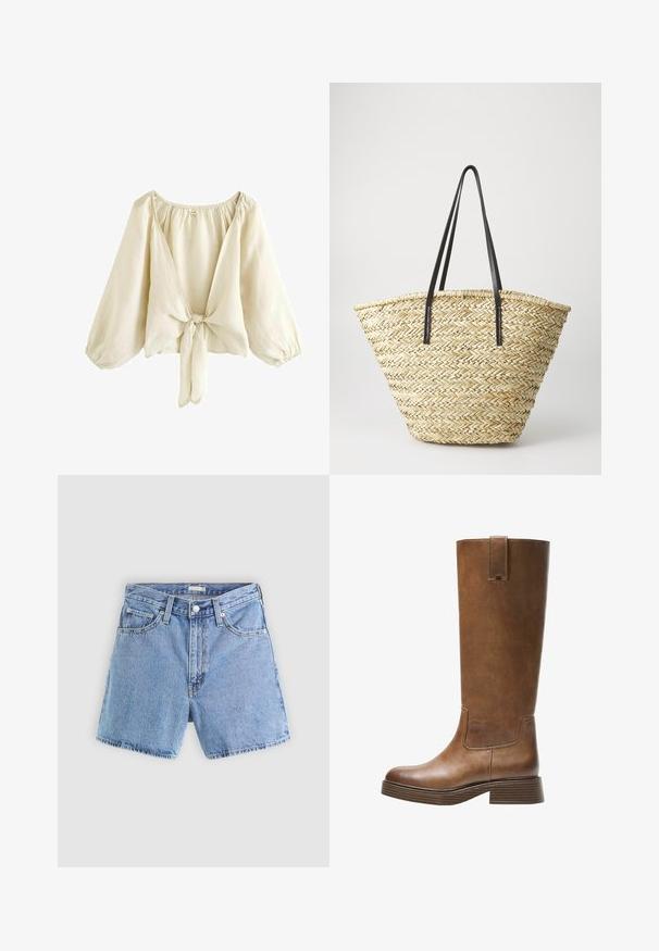 Blusa beige chiaro realizzata in tessuto leggero, con scollatura a V profonda, maniche a sbuffo e chiusura a fiocco sul davanti. Texture liscia.; Shorts in denim azzurro chiaro con vita alta, cinque tasche, cuciture visibili e orlo sfrangiato. Dotati di chiusura con bottone e zip.; Stivale marrone in pelle alto fino al ginocchio, con punta tonda, superficie testurizzata e tacco basso impilato. Presenta un pannello laterale e una linguetta di apertura in cima.; Borsa a tracolla in paglia intrecciata con una forma ampia e affusolata, dotata di due manici in pelle nera. Colore beige naturale con una superficie texture.