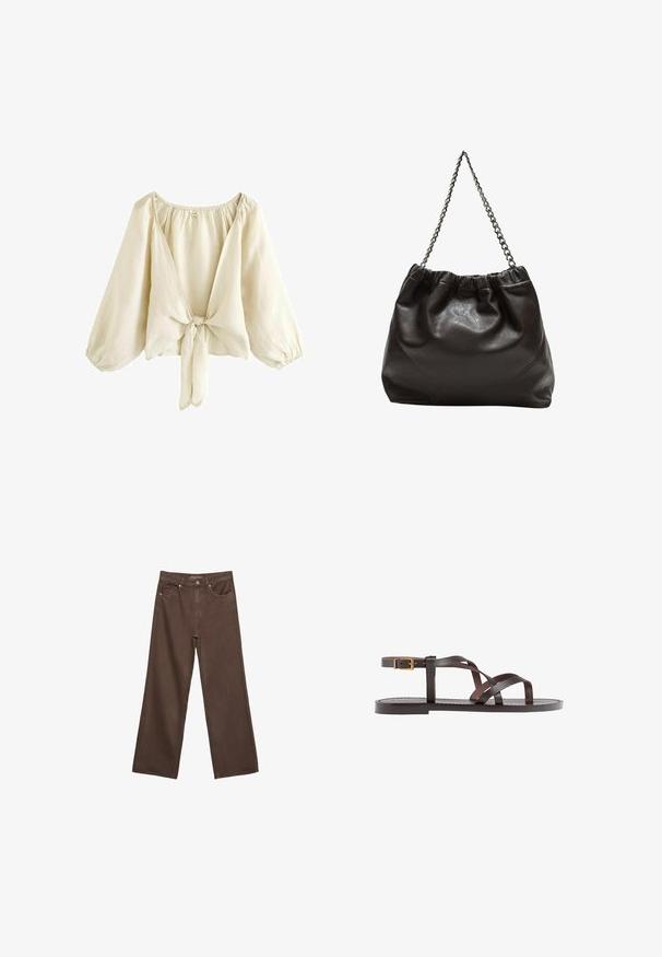 Light beige blouse made of lightweight fabric, featuring a deep V-neck, puff sleeves, and a tie closure at the front. Smooth texture.; Wide-leg brown jeans made of denim, featuring a high waist, front pockets, and a classic button closure. Smooth texture with subtle stitching.; Brown leather sandal featuring crisscross straps, an ankle buckle closure, and a flat sole with minimal stitching details.; Brown leather bag with a gathered top and a chain strap. Smooth texture with a glossy finish and subtle seam detailing on the sides.