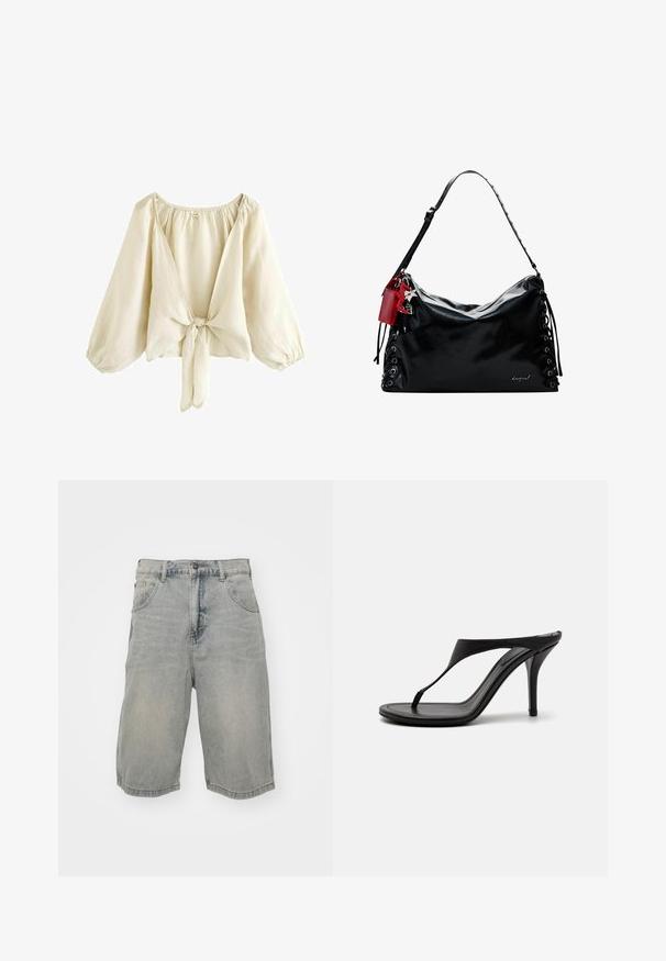 Helle beige Bluse aus leichtem Stoff, mit tiefem V-Ausschnitt, Puffärmeln und einer Bindeschließe vorne. Sanfte Textur.; Helle blaue Denim-Shorts mit lässiger Passform, die fünf Taschen, Gürtelschlaufen und eine verblasste Textur aufweisen. Der Saum ist gerollt und genäht.; Schwarze Sandalen mit hohen Absätzen, dünnem Riemen, Zehensteg-Design, spitzem Schuhkopf und einer eleganten, glatten Oberfläche. Flache Sohle mit einem dezenten Absatz.; Schwarze Lederhandtasche mit einem lässigen Design, Schnürdetails an den Seiten und einem roten Akzent-Tag. Verfügt über einen langen, verstellbaren Trageriemen.