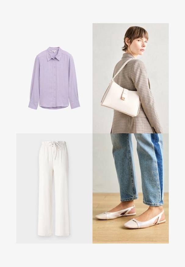 TOM TAILOR Overhemdblouse - soft lavender melange; Witte wijde broek van zacht materiaal, met een tailleband met trekkoord en een gladde textuur. Geen patronen of versieringen zichtbaar.; Zachtroze slingback ballerina's met een spitse neus, gemaakt van een glad leerachtig materiaal. Bevat uitsnijdingen aan de zijkanten en heeft een platte hak.; Witte leren handtas met een gestructureerd ontwerp, voorzien van een magneetsluiting en een schouderriem, tentoongesteld tegen een neutrale achtergrond.