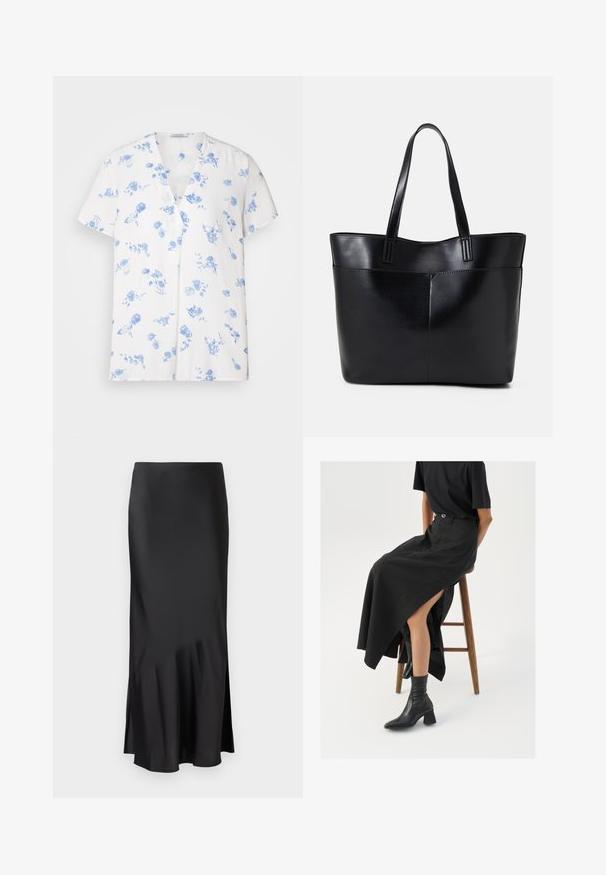 Biała koszula z krótkim rękawem z dekoltem w serek, ozdobiona niebieskim wzorem kwiatowym. Wykonana z lekkiego materiału o luźnym kroju.; Czarna satynowa spódnica midi o eleganckim fasonie, z delikatnym rozkloszowaniem u dołu i bocznym rozcięciem dla większej swobody ruchów. Gładka tekstura.; Czarna lniana spódnica maxi z wysokim rozcięciem, noszona z czarnym t-shirtem i czarnymi botkami sięgającymi kostek. Minimalistyczny design z luźnym krojem.; Czarna skórzana torba na ramię z dwoma długimi uchwytami, gładką teksturą i sztywną formą. Posiada przednią kieszeń dla dodatkowego przechowywania.