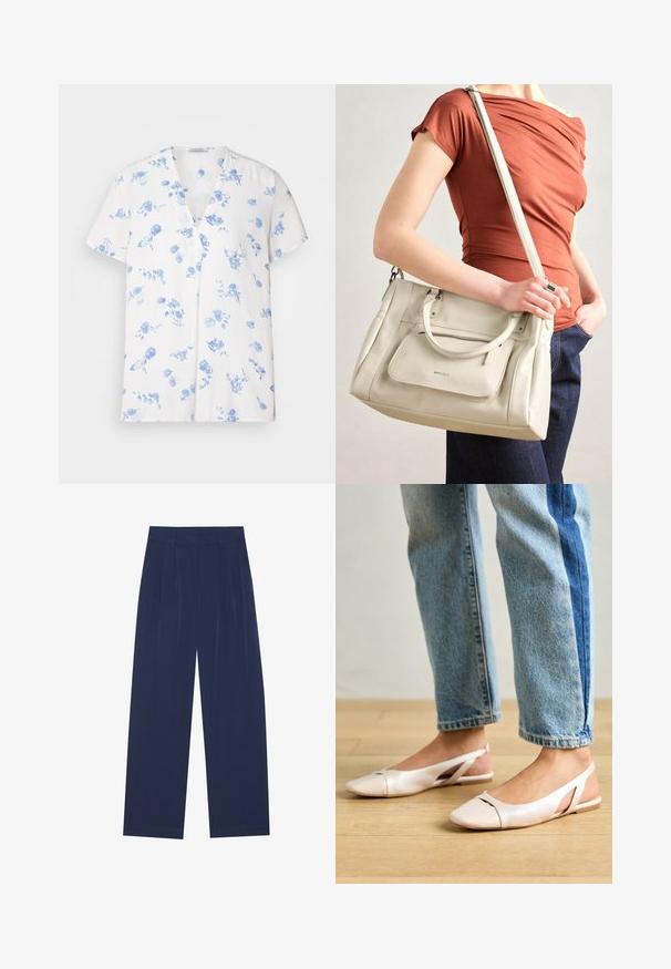 White short-sleeve shirt featuring a V-neck, adorned with a blue floral pattern. Made from lightweight fabric with a relaxed fit.; Navy blue wide-leg pants made of soft fabric, featuring front pleats, a smooth texture, and a straight fit with no visible pockets.; Pale pink slingback flats with a pointed toe, made from a smooth leather-like material. Features cut-out details at the sides and a flat heel.; White leather handbag with dual handles and a detachable strap, featuring a front zip pocket and smooth texture. Carrying on a person's arm.