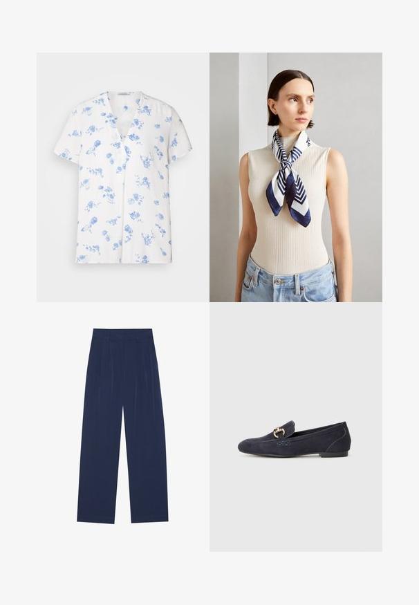 Weißes Kurzarmhemd mit V-Ausschnitt, verziert mit einem blauen Blumenmuster. Hergestellt aus leichtem Stoff mit lockerer Passform.; Himmelblaue Weitbundhosen aus weichem Stoff, mit vorderen Falten, glatter Oberfläche und einem geraden Schnitt ohne sichtbare Taschen.; Marineblaues Wildleder-Mokassin mit runder Zehenform, ausgestattet mit einem dekorativen Metallkettenakzent und einem niedrigen Absatz mit kontrastierenden Nähten.; Seidentuch in Marineblau und Weiß mit einem geometrischen Zickzack-Muster. Glatte Textur, ordentlich um den Hals gebunden, ergänzt ein geripptes Oberteil.