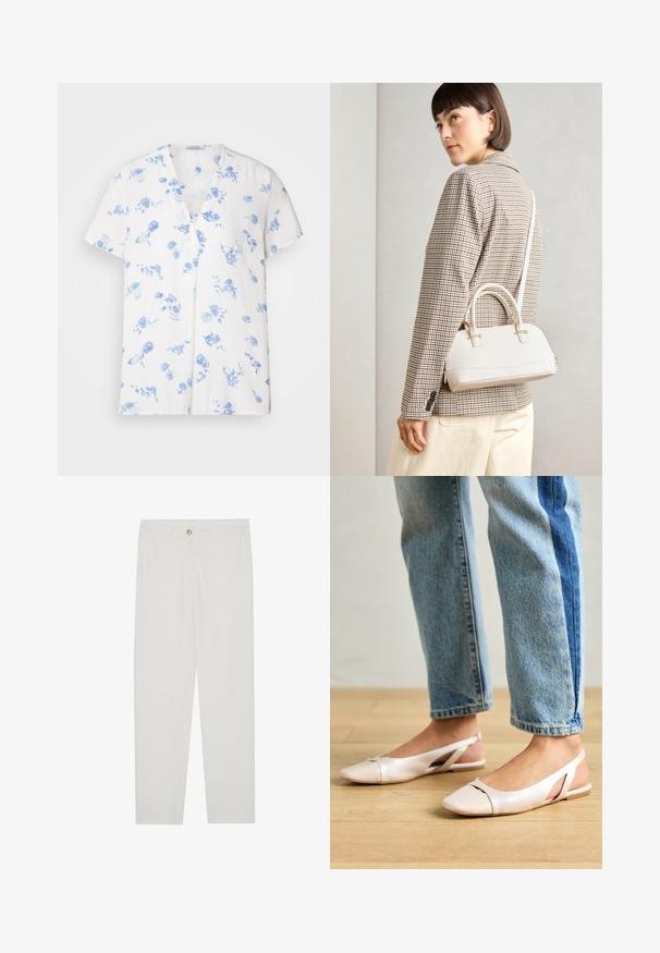 Camicia bianca a maniche corte con scollo a V, decorata con un motivo floreale blu. Realizzata in tessuto leggero con una vestibilità morbida.; Pantaloni bianchi su misura con design a gamba dritta, dotati di chiusura a bottone, passanti per cintura e tasche laterali; tessuto morbido.; Ballerine slingback rosa pallido con punta affusolata, realizzate in un materiale simile alla pelle liscio. Presentano dettagli a taglio sui lati e un tacco piatto.; Borsa a mano bianca strutturata con manici corti e tracolla, dotata di dettagli in metallo dorato e materiale testurizzato, esposta su uno sfondo grigio.