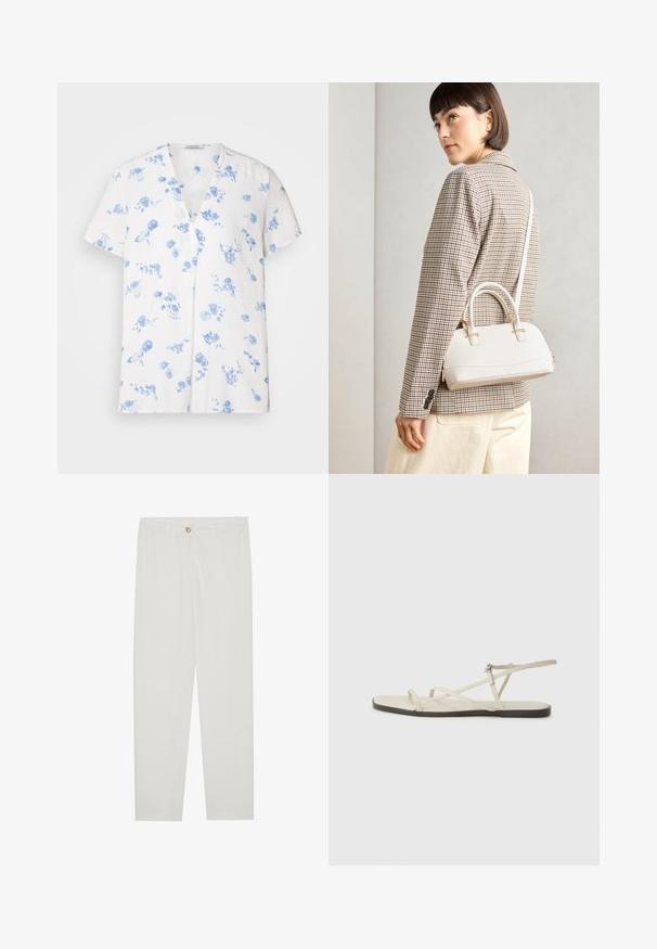 Balta īsām piedurknēm krekls ar V veida kakla izgriezumu, rotāts ar zilu ziedu rakstu. Izgatavots no viegla auduma ar brīvu piegulšanu.; Baltas, pielāgots bikses ar taisnu kāju dizainu, ar pogu aizdari, jostu cilpām un sānu kabatām; gluda auduma tekstūra.; Bežīgas plakanas čības ar vairākiem plāniem siksniņām un regulējamu sprādzi. Zole ir plakana ar nelielu tumšu kontrastu malā.; Balta strukturēta roku soma ar īsām rokturiem un plecu siksnu, ar zelta aparatūras akcentiem un strukturētu materiālu, izstādīta uz pelēka fona.