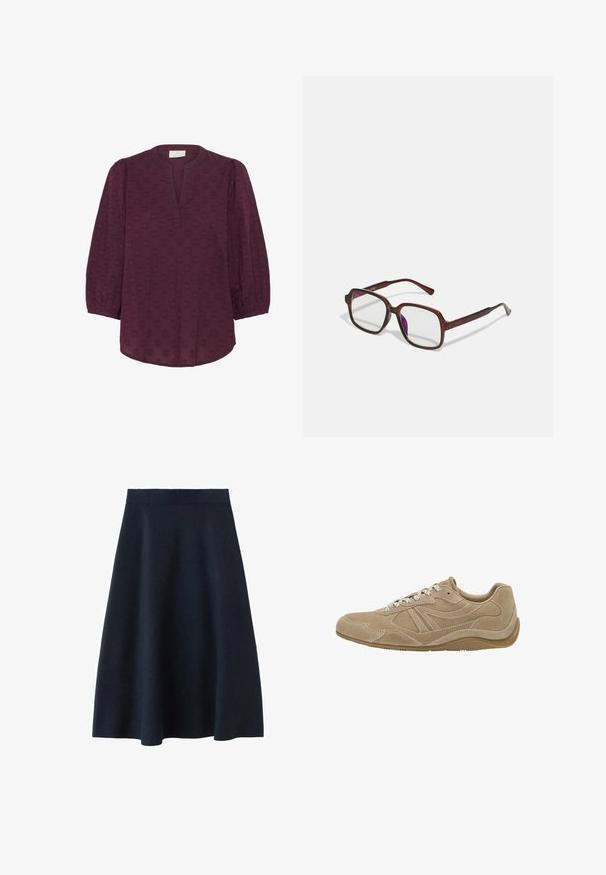 Kaffe Camicetta - windsor wine; Una gonna midi di un blu navy scuro realizzata in tessuto morbido, con una vita aderente e una forma svasata, senza motivi o decorazioni visibili.; Sneaker in suede beige con profilo basso, superficie texturizzata e lacci bianchi. Presenta un design curvo e una suola in gomma per una migliore aderenza.; Occhiali rettangolari marroni con lenti trasparenti e tonalità viola. Montatura in plastica liscia con stanghette dritte e accenti sottili.; Borsa in pelle texturizzata taupe con manico superiore, tracolla regolabile e dettaglio a nodo decorativo su uno sfondo bianco pulito.