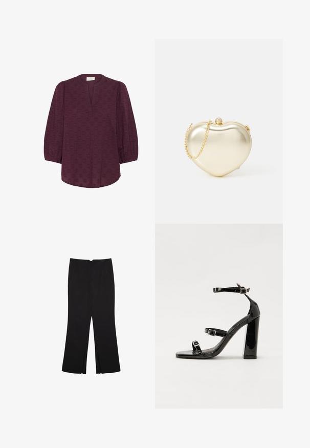 Kaffe Bluza - windsor wine; Črne hlače ravnega kroja z naglavnimi žepi in stranskimi razporki na robu. Narejene iz mehke, gladke tkanine. Primerne za različne priložnosti.; Črne lakirane sandale s peto, kvadratnim prstom, trakovi okrog gležnja in srebrnimi zaponkami. Opremljene so s stabilno Debelo peto.; Zlato metalno torbico v obliki srca z verižnim ročajem in detajlom v bisernem zapiranju. Gladka tekstura, kompakten dizajn za majhne potrebščine.