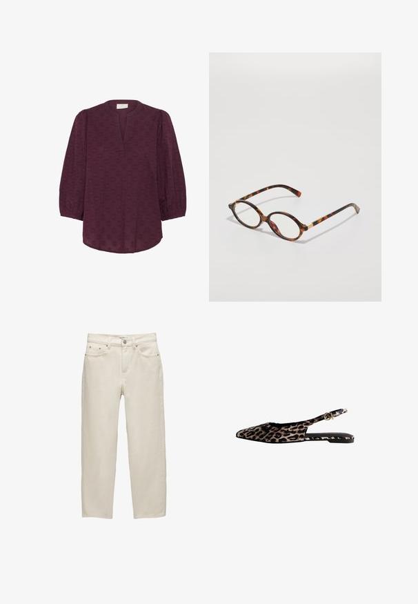 Kaffe Blus - windsor wine; Vita denimjeans med avslappnad passform, raka ben, femficksdesign och metallhardware med en subtil textur.; Slingback-lägenheter i leopardtryck med spetsig tå, tillverkade av mjukt material, med en guldfärgad spänne accent och minimal svart sula.; Sköldpaddsbeslagda glasögon med ovala bågar, klara linser och guldfärgade detaljer. Har böjda stänger och en slät, glänsande yta.; Brun läderhandväska med två stadiga handtag, rektangulär form, slät yta och dragkedjestängning. Minimalistisk design utan synliga mönster.