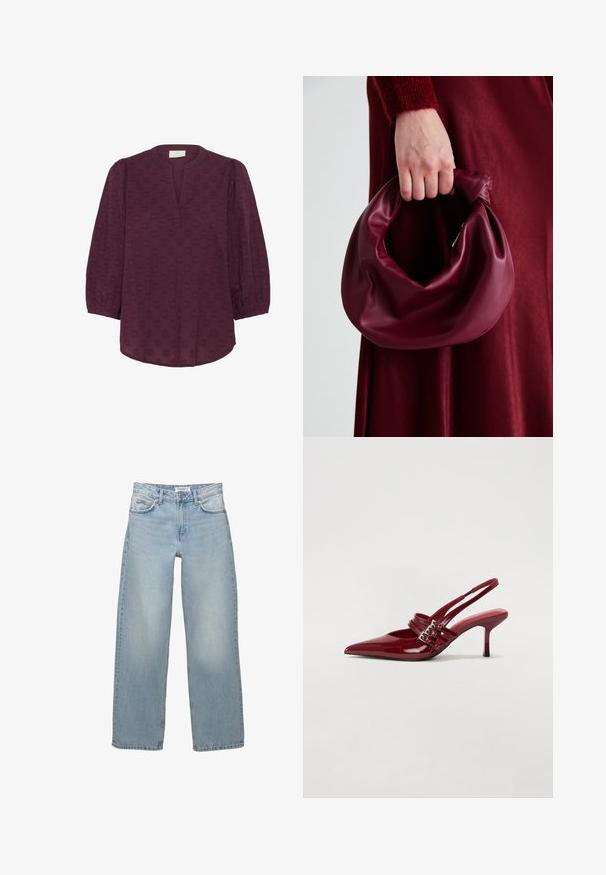 Kaffe Blouse - windsor wine; Light blue, wide-leg jeans made of denim. Features a classic five-pocket design with a button and zipper closure.; Red patent leather slingback heels with a pointed toe, two buckle straps, and a slim, mid-height stiletto heel. Smooth texture.; Burgundy leather handbag with a soft, gathered design and a rounded shape. The handle is secured, showcasing a smooth texture.