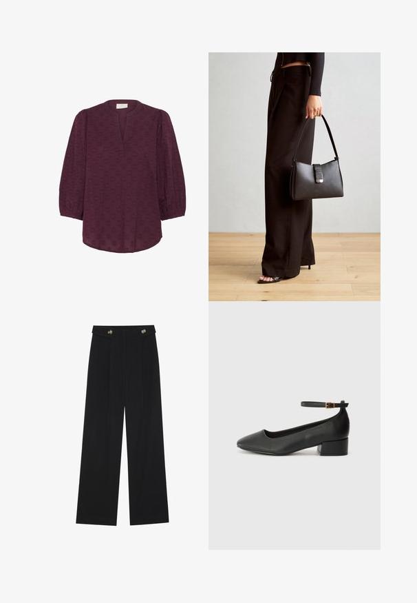 Kaffe Camicetta - windsor wine; Pantaloni neri a gamba larga con vita alta, dettagli con bottoni in vita e pieghe frontali.; Pump in pelle nera con punta affusolata e tacco basso a blocco. Presenta una cinghia alla caviglia con una fibbia in tonalità oro. Texture liscia.; Borsa nera con forma strutturata, texture liscia e una chiusura metallica. Abbinata a pantaloni neri larghi e sandali open-toe su un pavimento in legno.