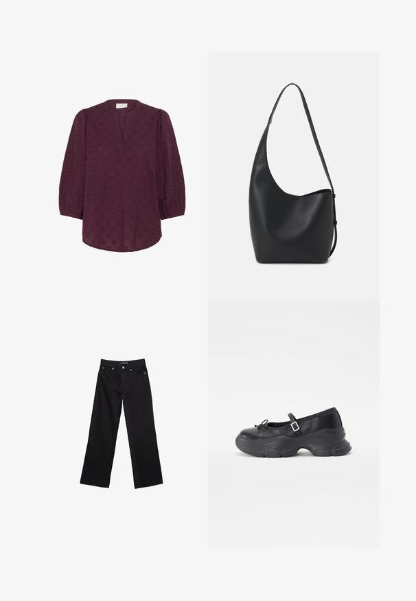 Kaffe Bluse - windsor wine; Schwarze Denim-Hosen mit weitem Bein, hohem Bund, sichtbaren Nähten und vier Taschen. Der Stoff hat eine weiche, glatte Textur mit minimalem Glanz.; Schwarze Leder-Mary-Jane-Schuhe mit einer abgerundeten Zehenpartie, Schleifendetail und verstellbarem Knöchelriemen. Mit einer stabilen Gummisohle mit geschwungenen Akzenten.; Schwarze Leder-Hobo-Tasche mit einer glatten Textur, geschwungener Form und einem einzelnen verstellbaren Tragegurt; verfügt über eine weite Öffnung am oberen Ende.