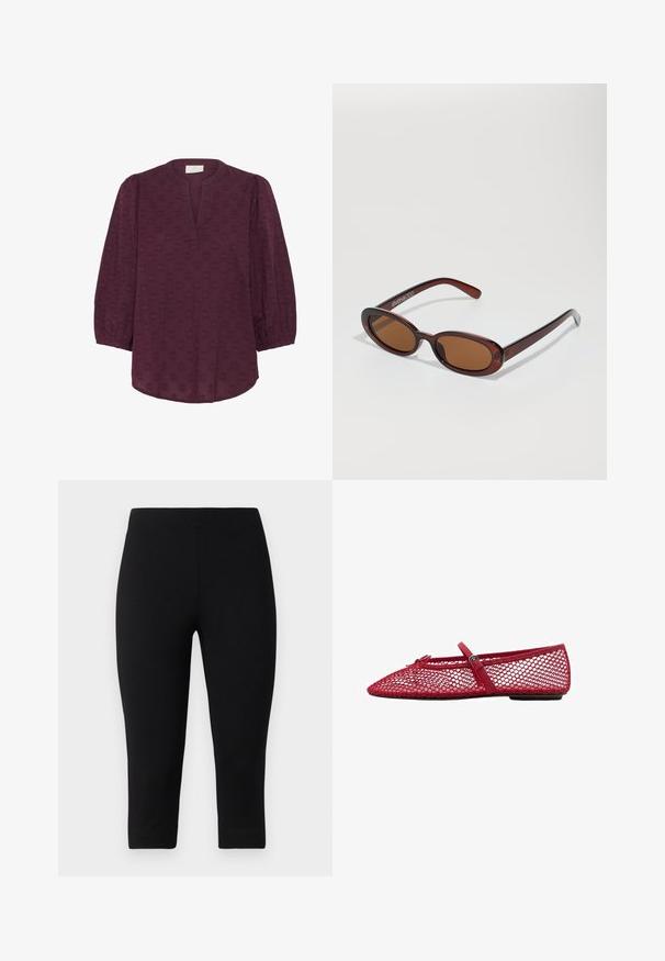 Kaffe - Bluzka; Czarne legginsy capri wykonane z elastycznego materiału, o dopasowanym kroju i gładkiej fakturze, bez wyraźnych wzorów czy akcentów.; Czerwone siateczkowe baletki z ostro zakończonym noskiem, z cienkim paskiem i zapięciem. Wierzch ma otwarty, plasterkowy wzór.; Okrągłe, brązowe okulary przeciwsłoneczne z błyszczącą bordową oprawą. Cienkie ramiona z subtelnym detalem marki. Płaski kształt soczewek.