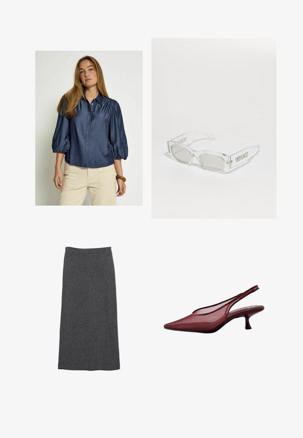 Námořnická modrá košile na knoflíky s našitými rukávy a límcem, vyrobená z hladké látky. Obsahuje rovný spodní lem a jemný lesk.; Šedá vlněná maxi sukně se straight střihem a elastickým pasem, která se vyznačuje jemnou texturou a hladkým povrchem. Žádné viditelné vzory ani akcenty.; Burgundské lodičky na podpatku s špičatou špičkou a síťovaným svrškem. Mají štíhlý podpatek a vyřezávaný design, což vytváří elegantní siluetu.; Průhledné plastové sluneční brýle se šedými skly, obdélníkový tvar, vyražené logo "Versace" na spáncích, ukazující moderní design.