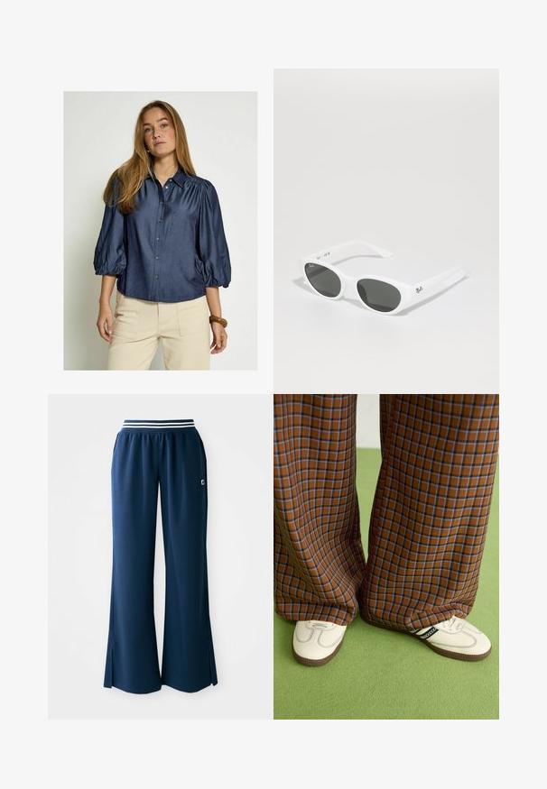 Temno modra srajca s gumbi, napihnjenimi rokavi in ovratnikom, izdelana iz gladkega materiala. Ima raven kroj in subtilen sijaj.; Temno modri atletski hlače s širokimi nogami, elastičnim pasom, ki ima belo črto, in stranskimi razporki za večjo gibljivost. Logotip na žepu.; Rjave in modre kariraste hlače širokih nogavic, v kombinaciji z belimi čevlji, ki imajo črne poudarke in teksturirane podplate, na zeleni podlagi.; Bela sončna očala s okroglimi okvirji in temnimi lečami. Imajo gladko plastično teksturo in majhen logo na ročaju.