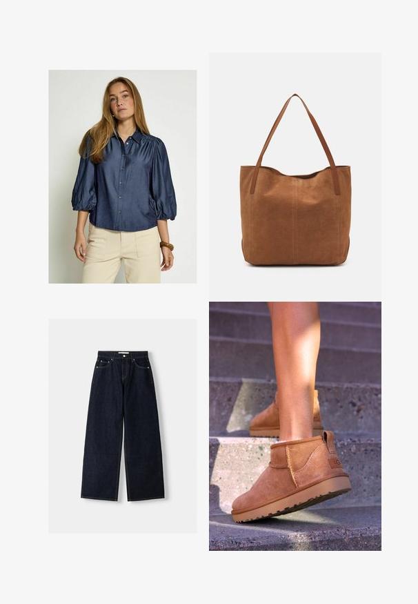 Navy blue button-up shirt with puffed sleeves and a collar, made of smooth fabric. Features a straight hem and subtle sheen.; Dark blue denim wide-leg jeans with a high waist, five pockets, contrast stitching, and silver metal hardware. Smooth texture and clean finish.; Tan suede ankle boots with a soft texture, stitched detailing, and a rubber sole, featuring a looped heel for easy wear.; Brown suede tote bag with two long handles, featuring a smooth texture, simple design, and no visible hardware or accents.
