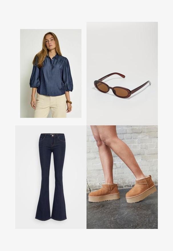 Tummansininen nappipaita, jossa on puffitetut hihat ja kaulus, valmistettu sileästä kankaasta. Ominaisuuksiin kuuluu suora helma ja hienovarainen kiilto.; Tummat farkut, joissa on leveät lahkeet ja muotoonommeltu vyötärö, edessä nappikiinnitys, viisi taskua ja sauman yksityiskohtia lahkeissa.; Ruske mokasine do gležnja od nubuk kože s mekim podstavom, debelim bež platformama i stražnjim držačem. Teksturirana površina s vidljivim detaljima šavova.; Pyöreät, ruskehtavat aurinkolasit, joissa on kiiltävä burgundinpunainen runko. Kapeat sivut, joissa on hienovarainen brändäys. Litteät linssit.