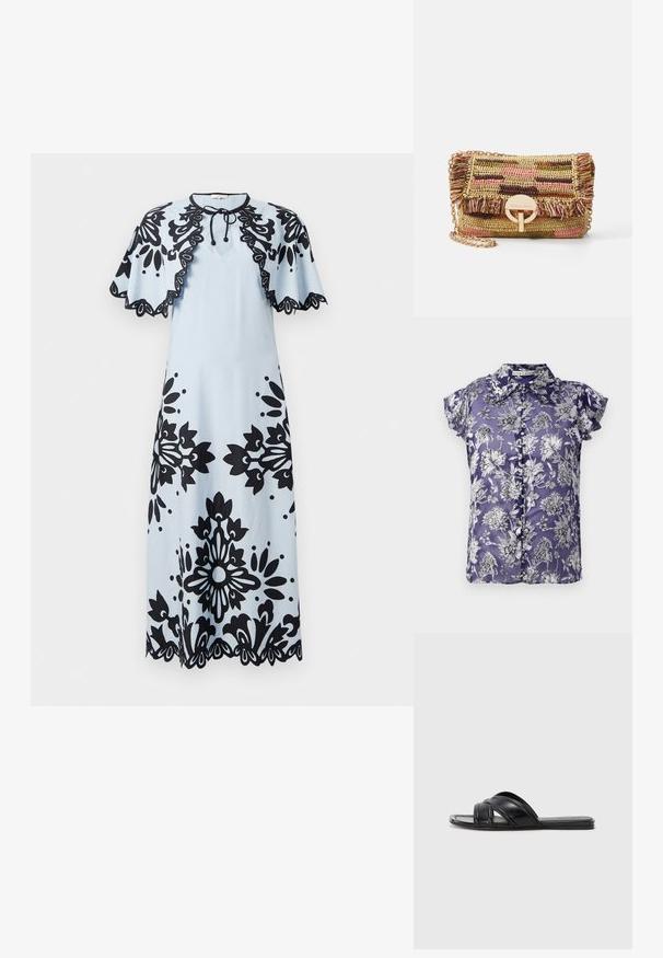 Purpurinė trumpomis rankovėmis bliuska su juodai balta gėlių raštu, turinti mygtukų užsegimą ir apykaklę. Šilkinė tekstūra.; Šviesiai mėlyna suknelė su juodais gėlių raštais, trumpomis švarkelio rankovėmis, apvaliu iškirpimu ir banguotu apvadu. Uždarymas kaklo srityje.; Juodosios šlepetės su lygiu odos paviršiumi, turinčios kryžminius dirželius ir išpjovimus, bei plokščiu, lanksčiu padu.; Vanessa Bruno MOON - Rankinė per petį - multico/jaune