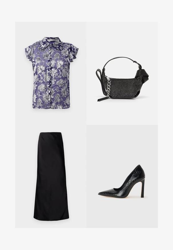 Bluză scurtă, mov, cu mânecă scurtă, având un model floral în alb și negru, cu închidere frontală cu nasturi și guler. Textură catifelată.; Norma Kamali BIAS OBIE SKIRT - Fustă maxi - black; Pantofii cu toc înalt, ascuțiți, de culoare neagră, cu textură de piele de crocodil, având un design elegant, toc în stil stiletto și interior neted de culoare neagră.; Geantă neagră cu embellishments cu ținte, curea din lanț și mânere din piele netedă, având o formă rotundă și un compartiment cu fermoar.
