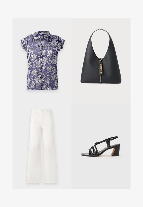 Fialová blúzka s krátkym rukávom s kvetinovým vzorom v čiernej a bielej farbe, so zapínaním na gombíky a golierom. Hodvábny vzhľad.; Biele, vysoko pásové široké nohavice vyrobené z denimu. Obsahujú gombíkovú zatváranie, dve predné vrecká a bočné švy s detailmi šitia.; Paul Smith AMIRA - Klasické lodičky na opätku - black; Čierna kožená kabelka cez plece so širokým popruhom, zlatými kovovými doplnkami a dvoma visiacimi štítkami s embosovaným nápisom "LOVE MOSCHINO" v zlatých písmenách.