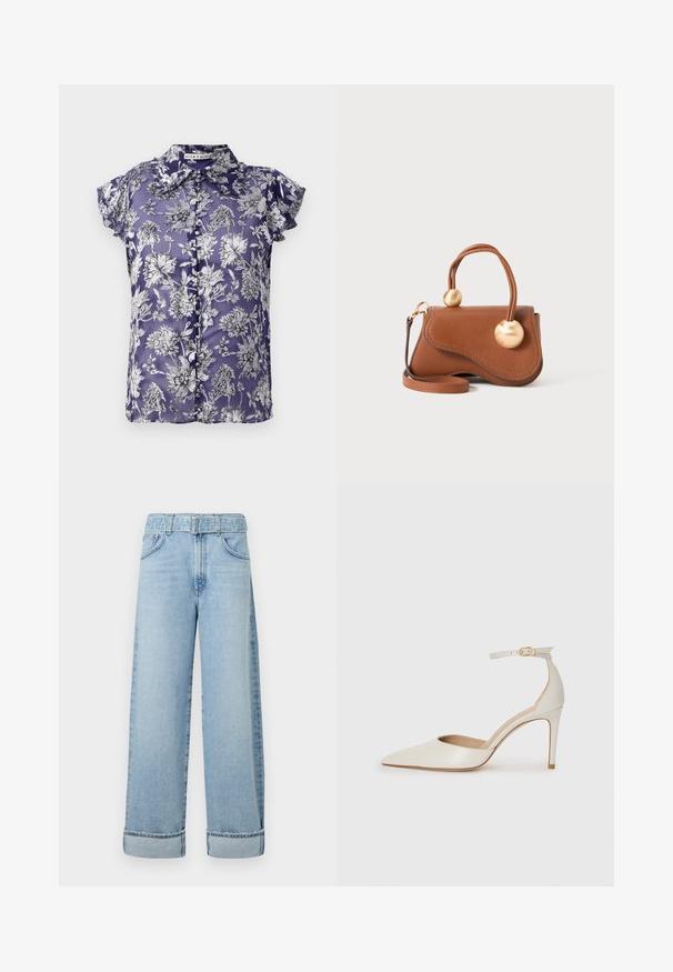 Lyhythihainen purppurapaita, jossa on mustavalkoinen kukkakuosi, napit edessä ja kaulus. Silkkinen rakenne.; Vaaleansiniset leveälahkeiset farkut, joissa on korkea vyötärö, vyölenkit, viisi taskua ja käännetyt lahkeet.; Valkoinen nahkainen korkokenkä, jossa on terävä kärkinen muoto, nilkkaremmi ja kapea korko. Suora pinta, jossa on hienovarainen kiiltävä viimeistely.; Ruskean nahkalaukku, jossa on aaltoileva muotoilu, kahdella pyöreällä kullansävyisellä yksityiskohdalla ja irrotettavalla olkahihnalla monipuolista kantamista varten.