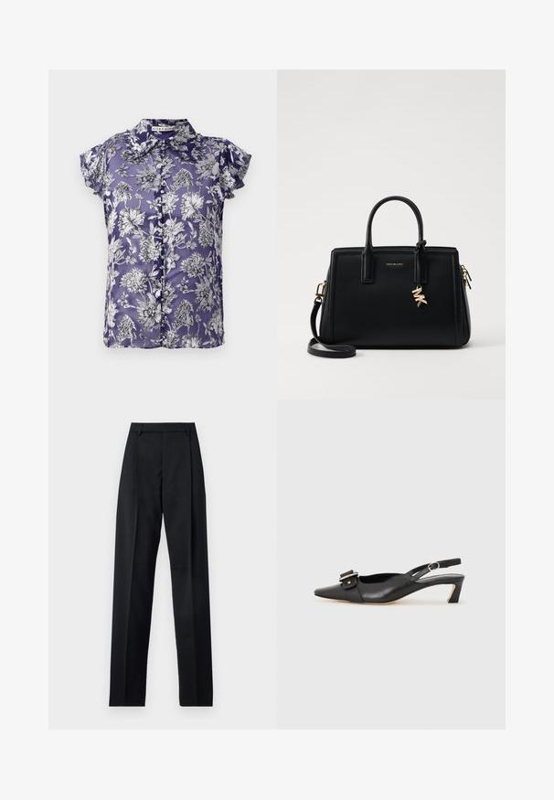 Purpursarkans, īsām piedurknēm, ar melnbaltu ziedu rakstu, ar pogu priekšpusi un apkakli. Zīda tekstūra.; Melnas bikses, izgatavotas no gludas auduma, ar augstu vidukli, platiem bikšu galdniekiem, priekšējiem krokām un klasiskām jostu cilpām. Sānu kabatas nav redzamas.; Melnas ādas siksnu kurpes ar smailu pirkstu, nelielu papēdi un dekoratīvu sprādzi augšdaļā. Gluda tekstūra, minimālistisks dizains.; Melnas ādas rokas soma ar strukturētu dizainu, dubultiem augšējiem rokturiem, noņemamu plecu siksnu, zelta aparatūru un logo piekariņu akcentu.