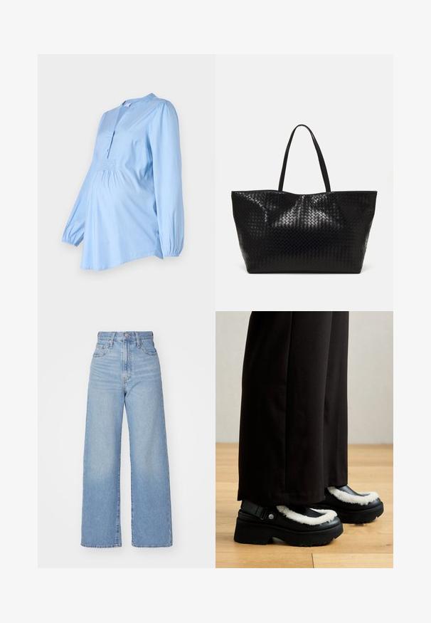 MAMALICIOUS MLELVA LIA - Blouse - soft chambray; Lichtblauwe high-waist wijde jeans met een knoop- en ritssluiting aan de voorkant, voor- en achterzakken, op een witte achtergrond.; Zwarte platform schoenen hebben een witte bontachtige rand, een ronde neus en een band met een metalen knop. Gecombineerd met zwarte broek op een houten vloer.; Zwarte geweven schoudertas met twee stevige handvatten, met een glanzende textuur en een ruime open bovenkant.