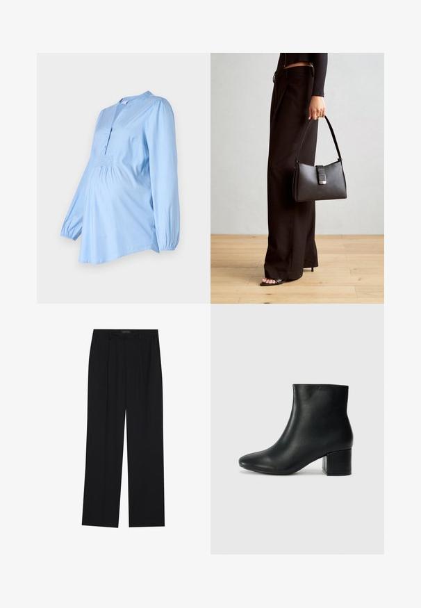 MAMALICIOUS MLELVA LIA jasnoniebieski; Czarne spodnie o prostym kroju nogawek, z dwoma przednimi kieszeniami i paskiem w talii. Wykonane z gładkiego, lekkiego materiału.; Czarne skórzane botki za kostkę z ostrym noskiem i masywnym obcasem. Gładka tekstura z minimalnymi akcentami i elegancki, dopasowany fason.; Czarna torebka o usztywnionym kształcie, gładkiej fakturze i metalowym zapięciem. Połączona z szerokimi czarnymi spodniami i sandałami na otwartym palcu na drewnianej podłodze.