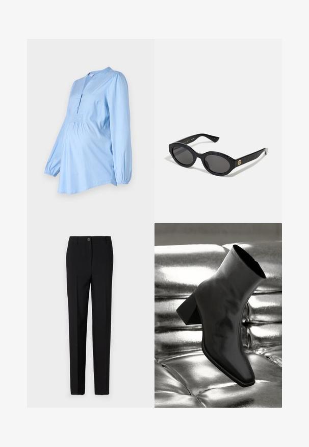 MAMALICIOUS MLELVA LIA - Blouse - soft chambray; Zwarte op maat gemaakte broek met een recht toegegeven ontwerp, voorzien van een knoopsluiting en riemlussen, gemaakt van gladde stof.; Zwarte enkellaarsjes van glanzend materiaal met een vierkante neus en taps toelopende hak, afgezet tegen een glanzende zilveren gecapitonneerde achtergrond.; Zwarte ovale zonnebril met donkere glazen en een glanzend kunststof frame. Heeft een gouden logo op de poot, dat een strakke en moderne uitstraling biedt.; Blauwe handtas met patroon van stof, met een gebogen vorm, zwarte leren schouderriem en logo ontwerp in een lichtere tint.