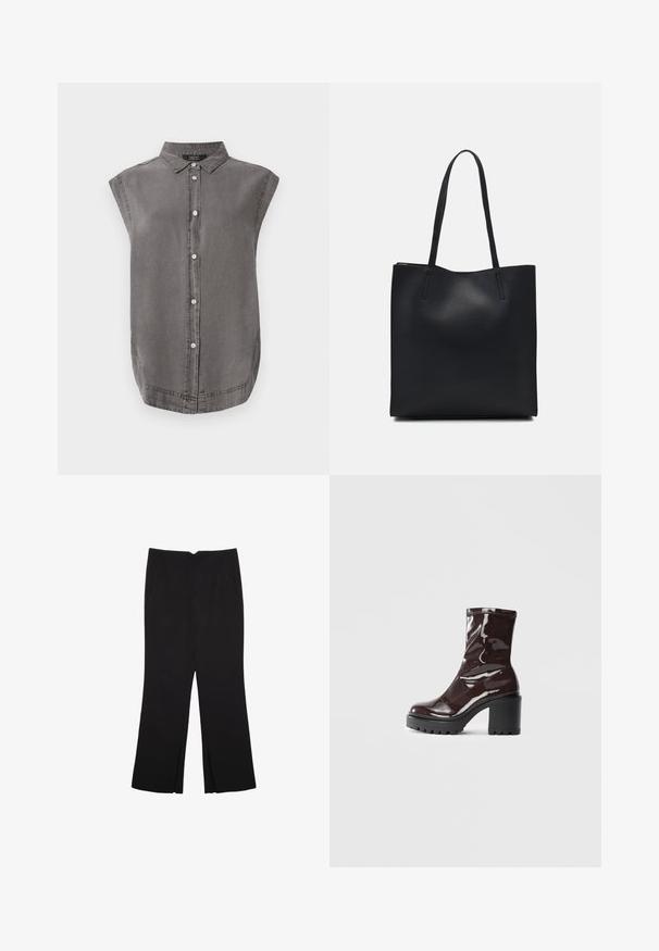 Graues, ärmelloses Shirt mit Kragen, Knopfleiste vorne und abgerundetem Saum. Hergestellt aus weichem Stoff mit subtiler Struktur.; Schwarze Hose mit geradem Schnitt, ausgestattet mit Fronttaschen und Seitenschlitzen am Saum. Hergestellt aus weichem, glattem Stoff. Geeignet für verschiedene Anlässe.; Glatte bordeauxrote Ankle Boots mit einem klobigen schwarzen Absatz, die eine glatte Oberfläche und ein einfaches Design aufweisen. Keine sichtbaren Verschlüsse oder Muster.; Schwarze Laptoptasche aus Leder mit glatter Textur, rechteckiger Form und zwei langen Griffen. Keine sichtbaren Beschläge oder Verzierungen.