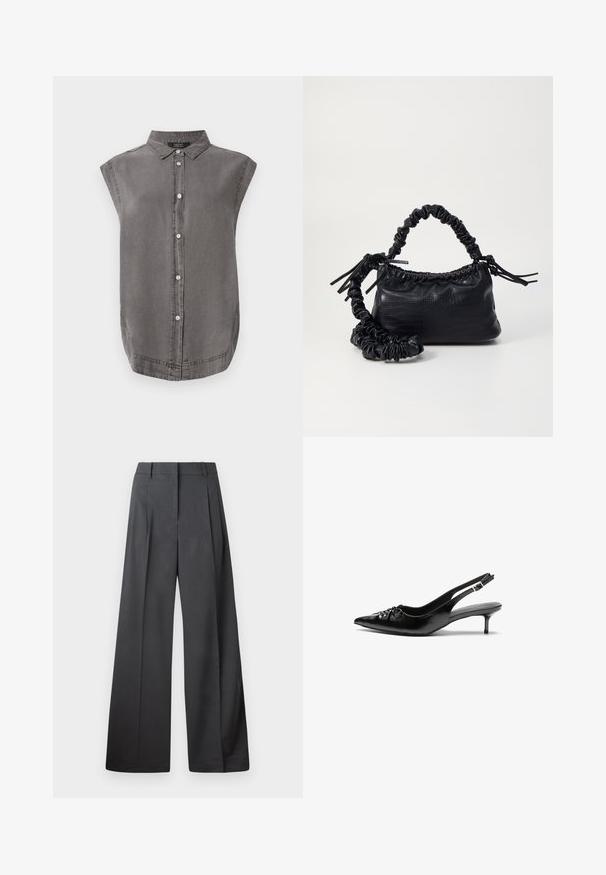 Gray sleeveless shirt with a collared neckline, front button closure, and curved hem. Made of soft fabric with subtle texture.; Wide-leg trousers in dark gray fabric, featuring a high waist, single pleats, and a smooth texture with a clean finish at the hems.; Black leather slingback heels with a pointed toe, small kitten heel, and a decorative knot detail on the front. Smooth texture throughout.; Black faux leather handbag with a crocodile texture, cinched top, and a scrunched strap. Appears soft and compact in design.