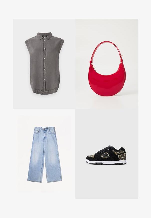 Szürke ujjatlan ing, galléros nyakkal, elöl gombos záródással és ívelt aljjal. Puha anyagból készült, finom textúrával.; Bershka WIDE-LEG - Széles szárú - light-blue denim; Fekete velúr sportcipő kaméleon mintával az oldalon, fehér középtalppal és fekete gumi talppal. Zsinórral és logó részlettel rendelkezik az oldalon.; Piros lakkbőr kézitáska, ívelt sziluettel, rövid fogantyúval és cipzáras zárással, sima, fényes textúrával.