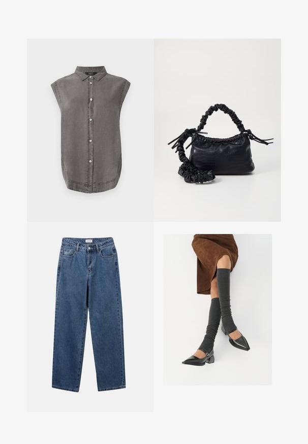 Gray sleeveless shirt with a collared neckline, front button closure, and curved hem. Made of soft fabric with subtle texture.; Classic blue denim jeans with a straight-leg design, five pockets, and a button closure. Features a medium wash and sturdy texture.; Black patent leather pointed-toe shoes with a block heel and ankle strap, paired with gray ribbed leg warmers and a brown suede skirt.; Black faux leather handbag with a crocodile texture, cinched top, and a scrunched strap. Appears soft and compact in design.