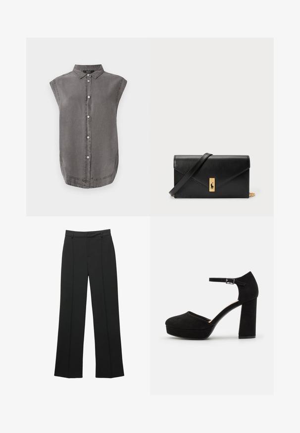 Grijze mouwloze shirt met een kraaghals, knoopsluiting aan de voorkant en een gebogen zoom. Gemaakt van zacht materiaal met een subtiele textuur.; Zwarte hoge taille wijde broek met riemlussen en een detail met verticale naad, gepresenteerd op een witte achtergrond.; Zwarte suède plateauhakken met een dikke blokhak, ronde neus en enkelbandje dat is beveiligd met een metalen gesp. Zachte textuur overal.; Zwarte leren portemonnee met een opklapbare flap, gouden hardware en een logo-accent. Inclusief een afneembare strap voor het dragen.