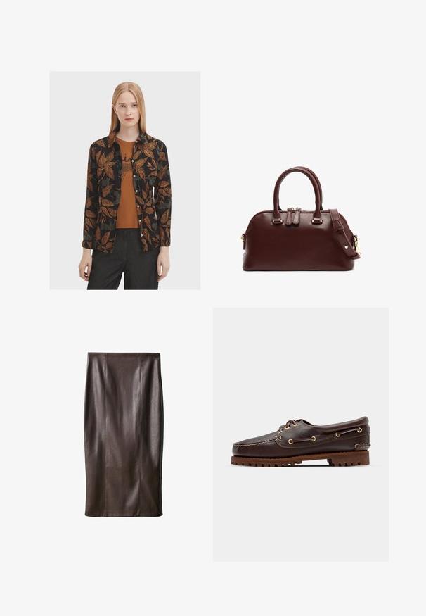 Schwarzes Hemd mit orangefarbenen und grünen Blättern, durchgehende Knopfleiste und lange Ärmel, übereinander getragen mit einem braunen Oberteil. Kombiniert mit dunklen Jeans.; Brauner Leder-Bleistiftrock mit glatter Textur, knielang, mit vertikalen Nähten zur Gestaltung. Keine zusätzlichen Beschläge oder Akzente.; Braune Lederbootsschuhe mit goldenen Ösen, runden Schnürsenkeln und einer strukturierten braunen Gummisohle. Verfügt über genähte Details und ein erhabenes Logo.; Burgunderfarbene Lederhandtasche mit doppelten Traghenkeln, abnehmbarem Schultergurt, goldfarbenen Hardware-Akzenten und runder Form. Mit Reißverschlussverschluss.