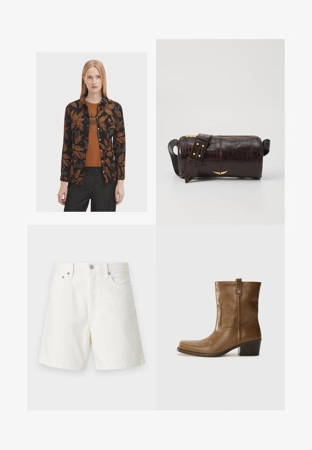 Čierna košeľa s oranžovými a zelenými listovými vzormi, s gombíkmi vpredu a dlhými rukávmi, vrstvená cez hnedý top. Skombinovaná s tmavými džínsy.; Dlhý rukáv, svetlo béžový top s okrúhlym výstrihom. Vyrobený z mäkkej látky, má stredový šev a mierne zakrivený spodný okraj. Bez viditeľného hardvéru.; Biele riflové šortky so rovnými nohavicami, päťbúchovým dizajnom, predným zapínaním na gombík, strieborným kovovým príslušenstvom a prešitými detailmi.; Hnedé kožené členkové topánky so štvorcovou špičkou, textúrovaným povrchom a nízkym vrstveným podpätkom. Obsahujú zadný úchyt a diskrétne prešívanie.; Hnedá taška z kože s embosovaným vzorom krokodíla, cylindrického tvaru, so zlatými hardvérovými doplnkami a odnímateľným popruhom so štítkami.