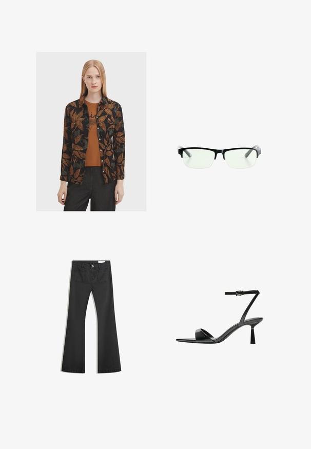 Camicia nera con motivi di foglie arancioni e verdi, con bottoni davanti e maniche lunghe, indossata sopra un top marrone. Abbinata a jeans scuri.; Jeans neri a campana realizzati in denim con una texture liscia, dotati di due tasche posteriori e chiusura con bottone in vita.; Bershka Sandali con tacco - black; Occhiali da vista rettangolari neri con lenti trasparenti, dotati di montatura nera elegante e punte delle tempie grigie trasparenti. Design minimalista, senza marchi visibili.; Borsa sintetica bianca a forma triangolare, con patta anteriore piatta e dettaglio a fiocco, tracolla regolabile, texture liscia e design minimalista.