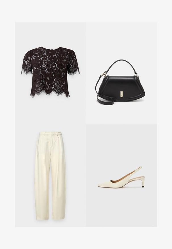 Top corto de encaje negro con mangas cortas, con patrones florales y bordes flecados. El diseño presenta un dobladillo con forma de onda para añadir un detalle adicional.; Pantalones pliegues de talle alto en un tejido crema claro. Presentan un corte recto y una textura suave. Sin bolsillos ni herrajes visibles.; Zapato slingback de punta en piel blanco roto, con un tacón bajo y diseño con cortes, de textura suave y acentos mínimos.; Bolso de mano de cuero negro con un diseño estructurado, que presenta una forma recortada, asa superior y acentos en dorado. Correa de hombro ajustable incluida.
