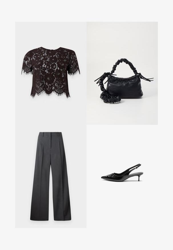 Top cropped de renda preta com mangas curtas, apresentando padrões florais e bordas franjas. O design possui uma bainha com forma de arco para um detalhe adicional.; Calças de perna larga em tecido cinza escuro, apresentando uma cintura alta, pregas simples e uma textura suave com um acabamento limpo nas bainhas.; Sapatos de salto alto slingback em couro preto com bico fino, pequeno salto kitten e um detalhe decorativo em forma de nó na parte da frente. Textura suave em toda a parte.; Bolsa de mão em couro sintético preto com textura de crocodilo, topo franzido e alça enrugada. Apresenta um design suave e compacto.