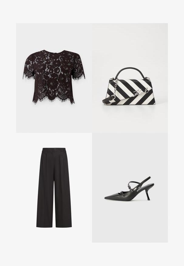 Melnas mežģīņu augšdaļa ar īsām piedurknēm, rotāta ar ziedu rakstiem un frēzētām malām. Dizainam ir viļņota apakšmalu papildu detaļām.; Melni platleņķa bikses ar augstu jostu, ar priekšējiem krokām un gludu tekstūru. Izgatavotas no viegla auduma.; Melnas ādas slingback papēži ar norādītu purngalu, izsmalcinātu papēdi un dekoratīvu sprādzi uz priekšpuses. Gluda tekstūra un elegants dizains.; Melnām un baltām svītrām rotāta rokassoma ar strukturētu formu, ar augšējo rokturi, noņemamu ķēdes siksnu un metāla logotipa akcentu.