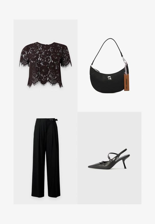 Crop top en dentelle noire avec des manches courtes, présentant des motifs floraux et des bords frangés. Le design a un ourlet festonné pour plus de détail.; Pantalons larges noirs taille haute, avec des plis à l'avant et une ceinture avec une boucle. Conçus en tissu lisse et léger.; Talons slingback en cuir noir avec un bout pointu, un talon fin et un détail de boucle décorative sur le vamp. Texture lisse et design épuré.; Sac à main en cuir noir avec une texture grainée, forme arrondie, fermeture à glissière sur le dessus, quincaillerie en argent et une étiquette marron. Présente un accent de logo.