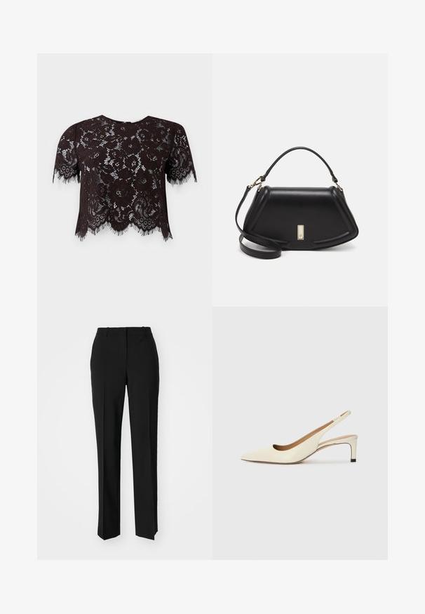 Svart blonder crop top med korte ermer, med blomstermønstre og frynser på kantene. Designet har en bueformet kant for ekstra detaljer.; Sorte skreddersydde bukser med rett silhuett, med en glatt tekstur og klare pressede bretter foran. Ingen synlig maskinvare.; Sko med spiss tå og slingback i off-white skinn, med lav hæl og utskårent design, med en glatt tekstur og minimale detaljer.; Sort lærveske med en strukturert design, som har en avkortet form, topphåndtak og detaljer i gull. Justerbar skulderstropp inkludert.