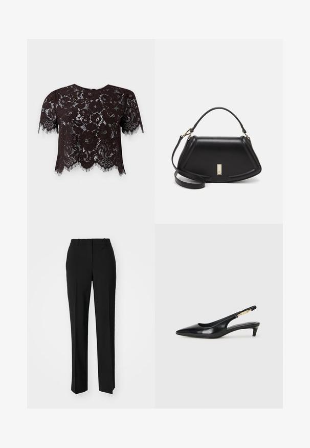 Czarny koronkowy crop top z krótkimi rękawami, ozdobiony kwiatowymi wzorami i frędzlami. Projekt ma falbaniasty dół dla dodatkowego detalu.; Czarne spodnie o dopasowanym kroju z prostymi nogawkami, o gładkiej fakturze i wyraźnych zagięciach z przodu. Bez widocznych elementów metalowych.; Czarne skórzane szpilki typu slingback z ostrym noskiem, posiadające smukły obcas i złoty akcent na regulowanym pasku. Gładka tekstura.; Czarna skórzana torebka o strukturalnym designie, z przyciętą formą, górnym uchwytem i złotymi akcentami. W zestawie regulowany pasek na ramię.