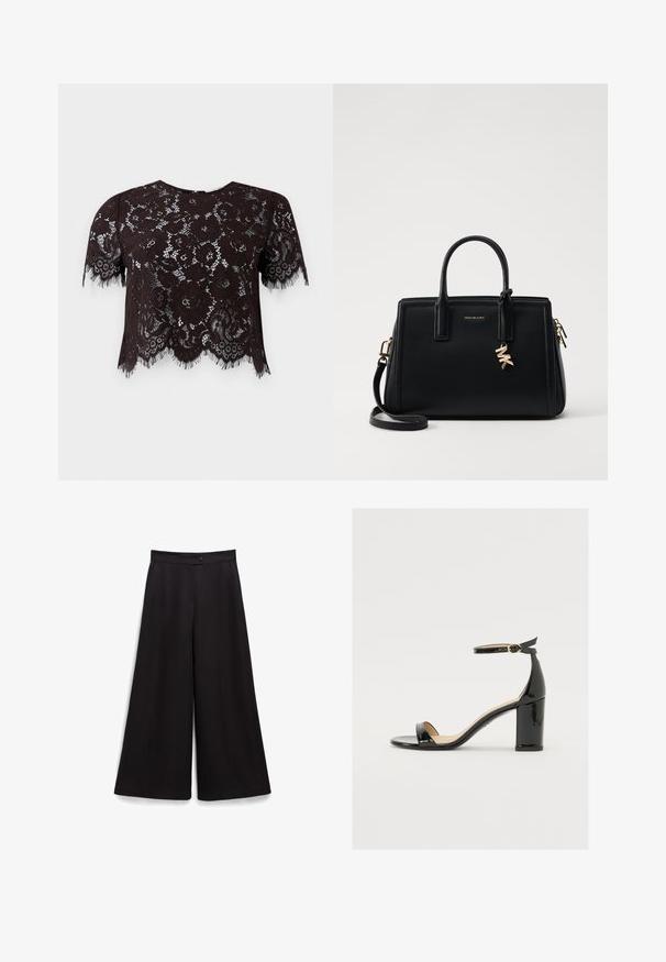 Mustmust sisaldav lühikeste varrukatega must pitsist kõrge lõikega top, millel on lillemustrid ja trikiga servad. Kujundusel on lisaks ka lainjaline allserv.; Mustad laiad püksid, millel on sile tekstuur, nööpidega kinnitamine vööl ja lõdvestatud stiil. Ei ole nähtavaid mustreid ega aktsente.; Must musta nahk sandaalid laia kanna, avatud varvaste ja ankletihaga, millel on kuldne pandla. Sile tekstuur ja elegantne disain.; Musta nahast käekott struktureeritud disainiga, kahekordsete ülemiste käepidemetega, eemaldatav õlavööt, kuldne riistvara ja logotäht aktsent.