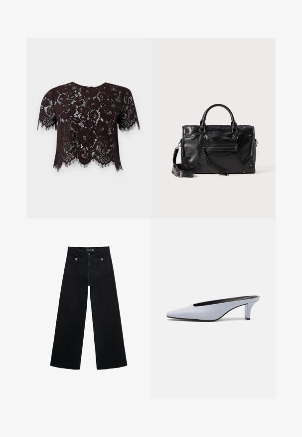 Černý krajkový crop top s krátkými rukávy, zdobený květinovými vzory a třásněmi. Design má vykrojený lem pro zvýraznění detailů.; Černé široké džíny s vysokým pasem, obsahující dvě přední kapsy a kovové knoflíkové detaily. Látka má hladkou texturu.; Světle modrý lakovaný kožený mule s špičatou špičkou, nízkým transparentním podpatkem a štíhlým designem s výřezem na nártu.; Černá kožená kabelka s dvěma krátkými uchy a odnímatelným ramenním popruhem. Obsahuje přední kapsu na zip a kovové detaily. Texturovaný povrch.