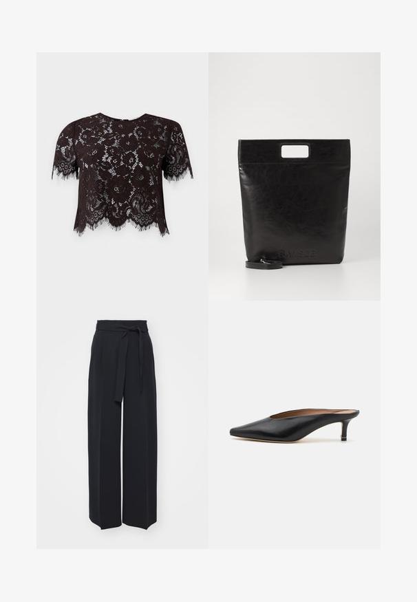 Sorte blonde crop top med korte ærmer, med blomster mønstre og frynsede kanter. Designet har en bølget kant for ekstra detaljer.; Vide sorte bukser lavet af blød stof. Har en bælteholdbar talje og frontfolder. Glat tekstur med et rent, moderne design.; Sorte lædermules med spidse tæer og lav, firkantet hæl. Glat tekstur med et slankt design. Åben bag med minimal udsmykning.; Sort læder tote bag med et firkantet håndtag, der har en tekstureret overflade og prægede logo. Indeholder en aftagelig rem.