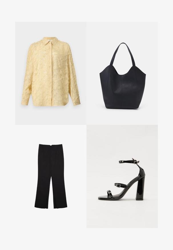 Svetložltá blúzka s dlhými rukávmi, textúrovaná látka s rozstrapkanými detailmi, zapínanie na gombíky a vystúpený golier. Má voľný strih.; Čierne nohavice so strihom rovného strihu, s prednými vreckami a bočnými rozparkami na leme. Vyrobené z mäkkej, hladkej tkaniny. Vhodné na rôzne príležitosti.; Čierne lakované sandále na podpätku so štvorcovou špičkou, navlečenými remienkami okolo členku a striebornými prackami. Disponujú masívnym blokovým podpätkom pre stabilitu.; Čierna taška s dlhým uchom vyrobená z hladkej kože, s oblým otvoreným vrchom a dvoma ramennými popruhmi, minimalistického dizajnu.