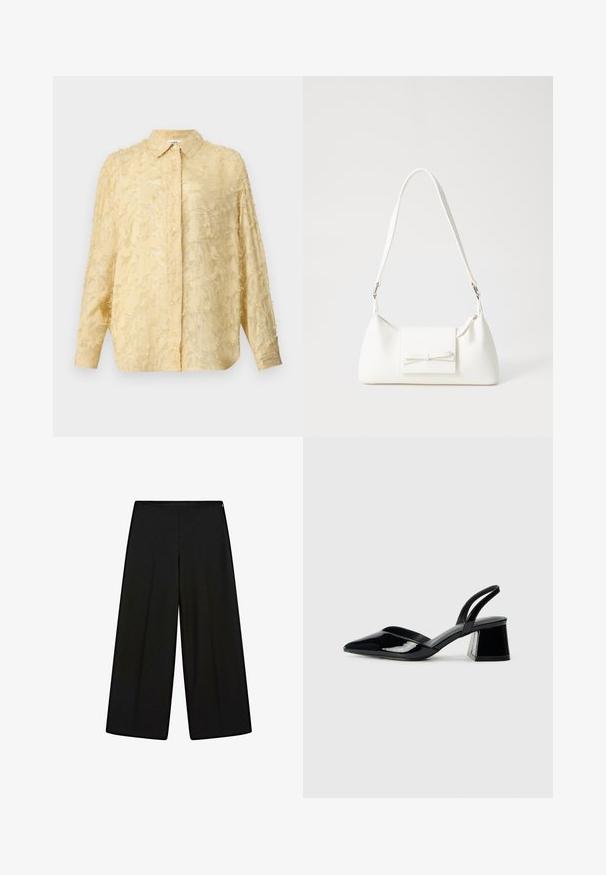Light yellow blouse with long sleeves, textured fabric featuring frayed detailing, button closure, and defined collar. Features a relaxed fit.; Black wide-leg trousers made of soft fabric, featuring a high waist and pleats, with a smooth texture and no visible embellishments.; Black patent leather slingback heels with a pointed toe and a geometric block heel. Features a sleek, minimal design and smooth texture.; White synthetic handbag with a triangular shape, flat front flap and bow detail, adjustable strap, smooth texture, and minimalistic design.