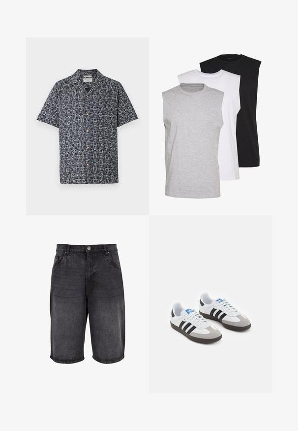 Camisa de manga corta en color navy con un patrón abstracto en blanco, que presenta un cierre de botones en la parte delantera y un collar. Tela suave con un ajuste relajado.; Tres camisetas sin mangas en gris, blanco y negro. Material de algodón suave con cuello redondo y corte relajado. Diseño simple, sin patrones.; Pantalones cortos de mezclilla negra con un ajuste relajado, diseño de cinco bolsillos y cierre de botón. La tela tiene una textura suave con un desgastado sutil.; Zapatillas deportivas con parte superior de piel blanca, puntera de ante gris y tres rayas negras. Presentan un logo azul en la lengüeta y una suela de goma texturizada.