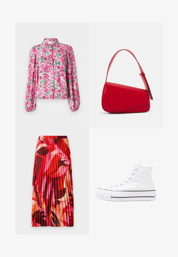 Ziedu blūze ar rozā, zaļu un pelēku rakstu, ar apkakles piegriezumu, pogu aizdari un pūkainām garajām piedurknēm. Mīksts, viegls audums.; Izplešanās maksi svārki ar dzīvīgu sarkanu, rozā un brūnu ziedu rakstu. Elastīgs josta un gluda tekstūra uzlabo komfortu un stilu.; Balti augstie kanvas sporta apavi ar melnu gumijas zoli, priekšējo gumijas purngalu un sešām acīm lencēm, kuriem ir tīrs, minimālistisks dizains.; Sarkans ādas rokassomi ar stūrainu, ģeometrisku dizainu. Iekļauj vienu regulējamu siksnu un vāku ar izšūtu detaļu.