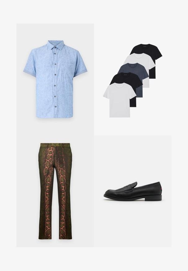 Světle modrá košile s krátkým rukávem vyrobená z texturované látky, s knoflíkovou přední částí, náprsní kapsou a ohrnutými manžetami.; Sada pěti triček v černé, bílé a námořnické modré barvě. Bavlněná tkanina, krátké rukávy, kulatý límec a hladký povrch bez vzorů.; Zelené kalhoty s potiskem hada v odstínech hnědé a oranžové, rovného střihu a hladké textury.; Černé kožené mokasíny s hladkým povrchem, kulatou špičkou a malým dekorativním klopou. Mají nízký stočený podpatek a decentní branding.